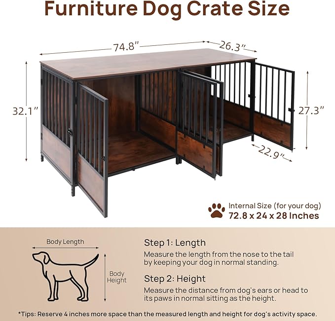 75" Wooden Dog Crate Furniture – Chew-Resistant Kennel for Medium/Large Breeds,3-Door Indoor Kennel with 3.1" Raised Feet, Multi-Functional TV Stand & End Table (Brown, 75 * 26.3 * 32.1 inch)