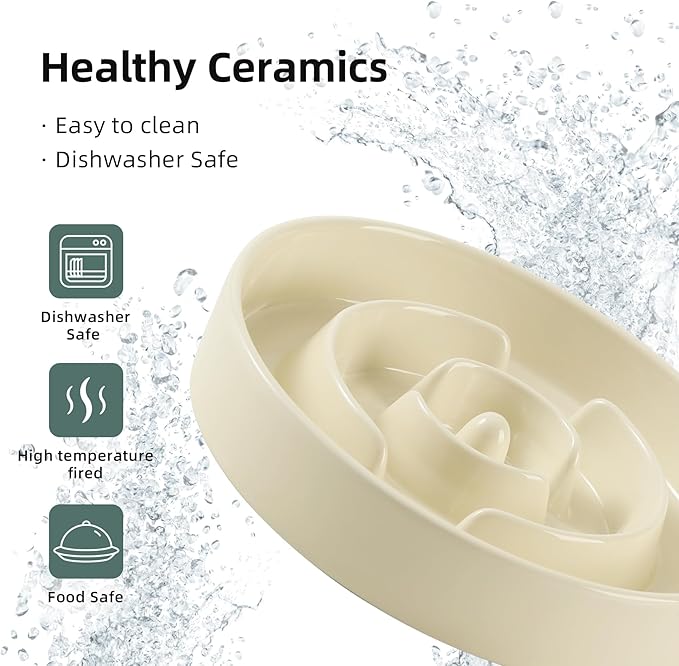 3.2 Cup Ceramic Raised Slow Feeder Dog Bowl Set, Elevated 8.2inch Bowl and 9.5inch Puzzle Slow Food Dish with Wooden Stand for Large Dog, Anti-Gulping (2 x Beige+ Stand)