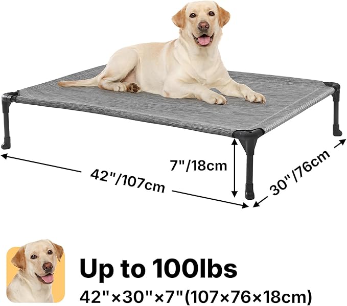 Veehoo Outdoor Elevated Dog Bed Large Sized Dogs, Large Cooling Raised Dog Cots Beds Training Platform Off Ground Hammock with Breathable Mesh, No-Slip Feet, 42"x30", Black Silver