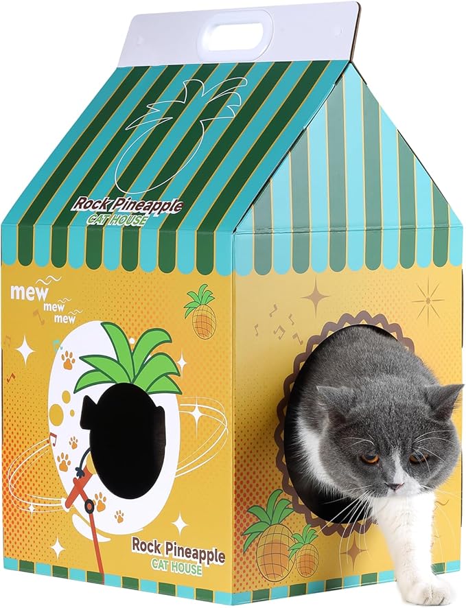 Cardboard Cat House with Scratcher – Yellow Pineapple Milk Carton Design, 22.5''H x 13''L x 13''W, Indoor Cat Playhouse & Hideout for Cats up to 16 lbs, Portable Handle, Corrugated Scratch Pad