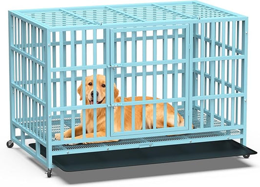 Heavy Duty Dog Crate 48 Inch, Indestructible Dog Crate with Removable Tray, Escape Proof & High Anxiety Dog Kennel Indoor, Metal Dog Cage with Wheels for Large Dogs, XL XXL XXXL