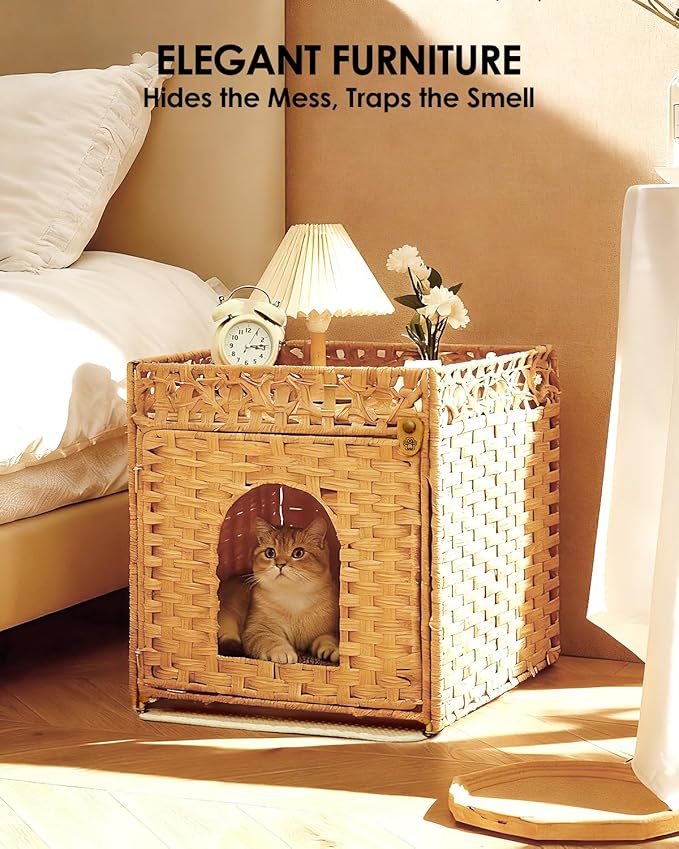 Cat Litter Box Enclosure Furniture - Handwoven Rattan Hidden Litter Box Cover with Mat and Fence, Enclosed Cat Box Furniture for Living Room & Bedroom, Natural Finish, 18.5" x 20.5" x 19.1"