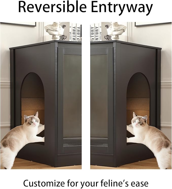 Cat Litter Enclosure with Cat-Observant Glass Doors,Litter Box Cabinet with Cozy LED for Cats,Reversible and Optional Entry(Left or Right),Power Outlet for More Choice,Black