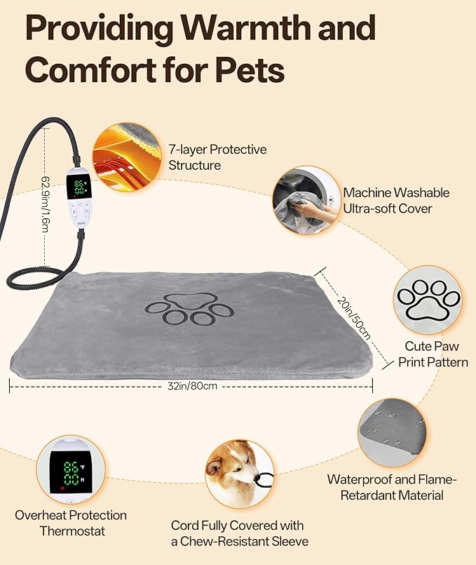 Ringco Large Dog Heating Pad with 12 Adjustable Temperature, Waterproof & Chew Resistant Pet Heating Pad with Timer, Heated Dog Bed with Fleecy Cover (L: 32” x 20”)
