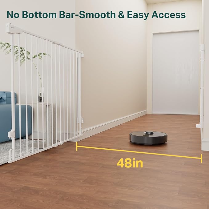 Cumbor 34" Extra Tall Baby Gate for Stairs, Wall-Mounted (Drill Required), Expandable 31.6-48" No Bottom Bar Dog Gate Indoor for Larger Pets, Large Walk Thru Door for Easy Access (White)