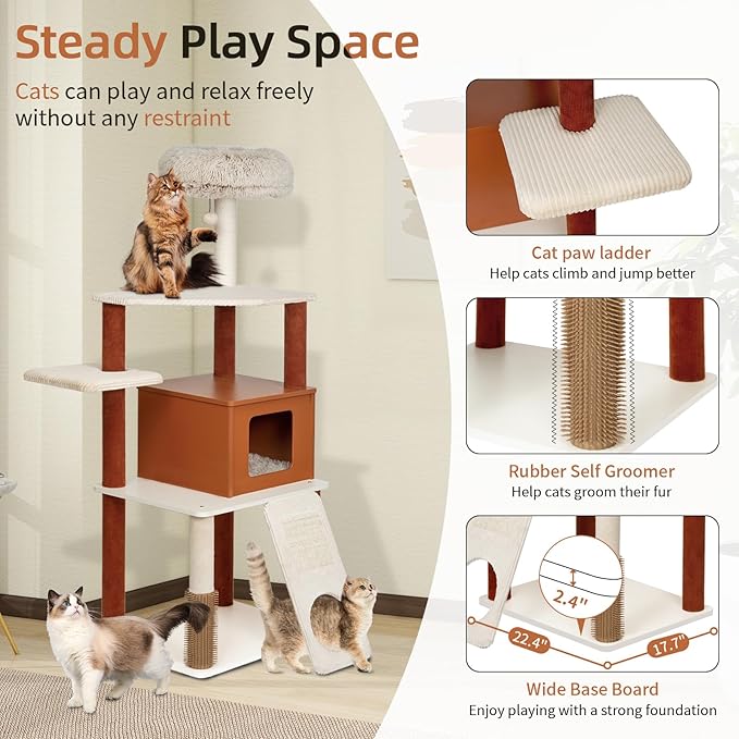 63 Inch Modern Cat Tree for Large Cats - Multi-Level Activity Center with Sisal Scratching Posts, Plush Perch, Enclosed Condo & Hanging Toy, Sturdy Wood Design for Indoor Use
