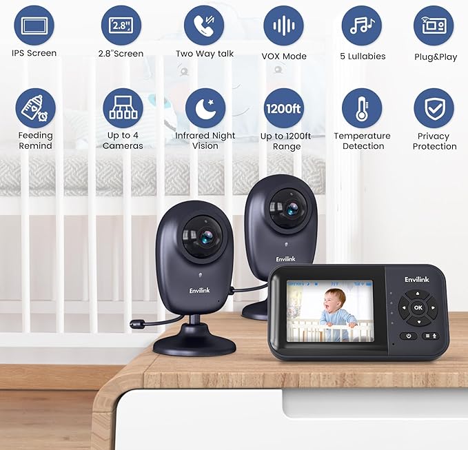 Smart Baby WiFi Monitor with App, 1080P Baby Camera, AI Detection, 2-Way Talk, Night Vision, VOX Mode, 5 Lullabies, 1200ft Long Range 2.8" LCD Display for Home Use