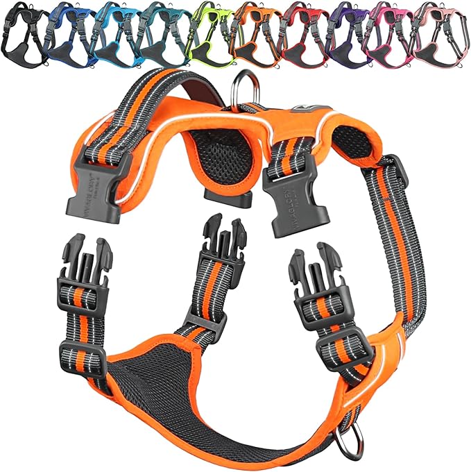 VIVAGLORY Dog Harness Easewalk No Pull Dog Harness with Handle & Front Back Clip for Training Lifting, Easy On Adjustable Padded No Pull for Pet & Puppy, S, Orange