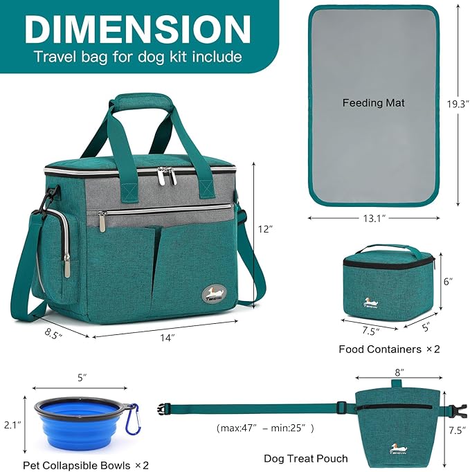 Dog Travel Bag for Pet Kit for Supplies with 2 Food Storage Containers 2 Collapsible Bowls 1 Feeding Mat 1 Dog Treat Pouch 7-Piece Set Perfect Road Trips Camping Weekend or Doggy Gift, Teal