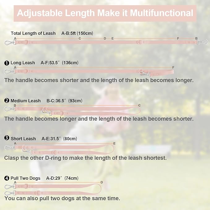 Wisedog Waterproof Dog Leash – 5ft/6ft Adjustable with 2 Metal Swivel Hooks, Easy to Clean Dog Leashes for Small, Medium, Large Breed Dogs (Gossamer Pink,S)