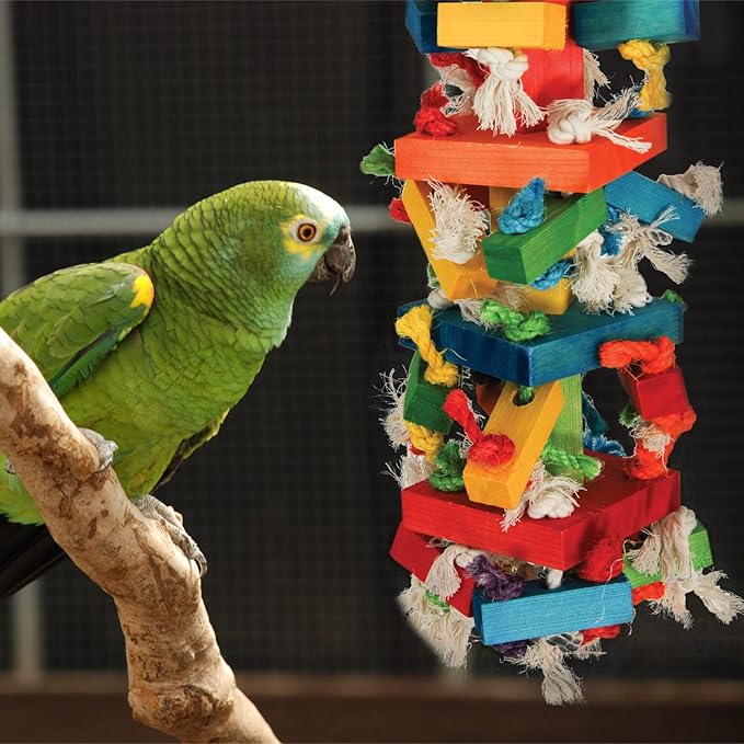 Featherland Paradise Knots N Blocks Bird Toy, Bird Toys, for Parrots, Cockatoos, Macaws, Very Large Birds and Big Beaks