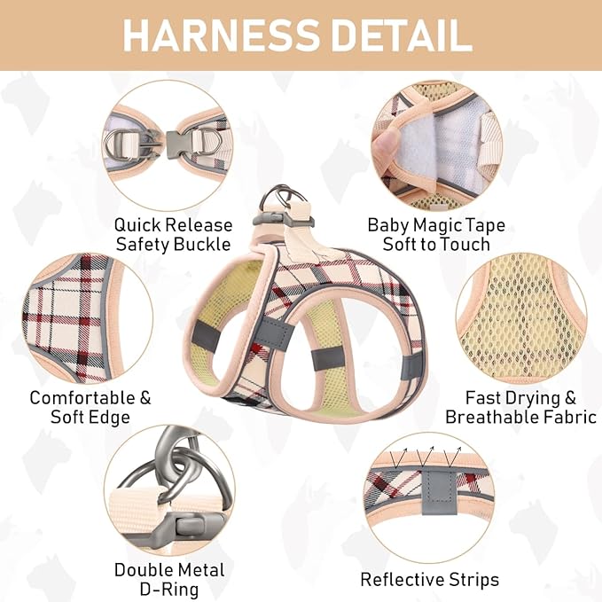 GAMUDA Small Dog Harness Collar and Leash Set, Step in No Chock No Pull Soft Mesh Adjustable Dog Vest Harnesses Plaid Reflective for Dogs Puppy Cats Kitten Rabbit (Beige, XS)