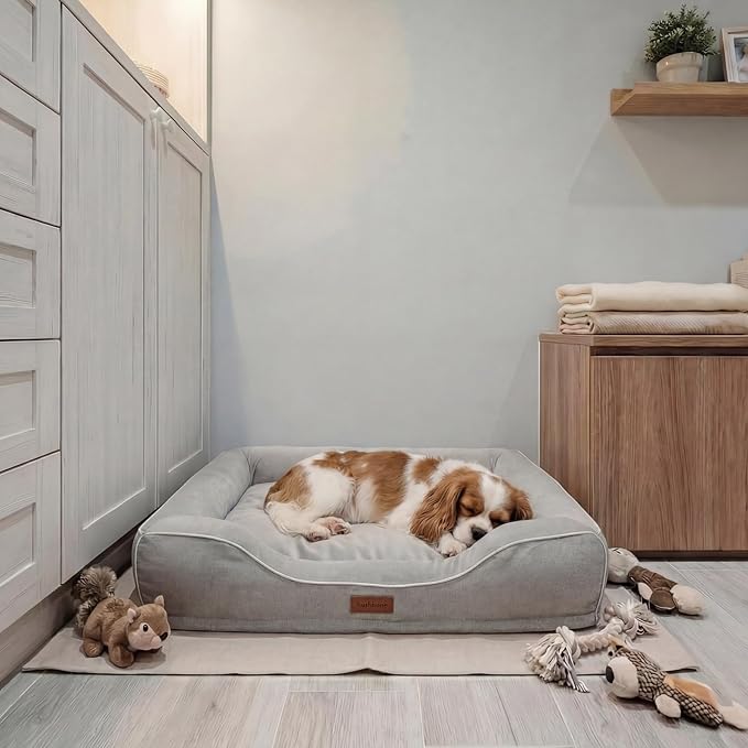 Orthopedic Dog Beds for Medium Small Dogs with Removable Washable Cover Rectangle Pet Sofa with Cooling Gel Memory Foam Anti-Slip Bottom Waterproof for Old Pets or Cat,28" L x 23" W x 6.5" Th