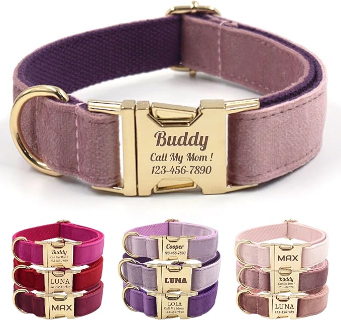 Velvet Personalized Dog Collar with Name - Customizable Dog Collar with Quick Release Metal Buckle - Leash and Bow Tie Available (Pastel Purple, S)