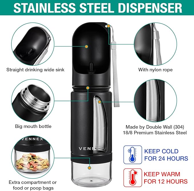 Dog Water Bottle Portable Stainless Steel Leak Proof Wide Mouth BPA Free Water Dispenser for Medium Small Dogs Pups 2 in 1 with Detachable Bowl Traveling Outdoor Walking Hiking Accessories (12OZ).