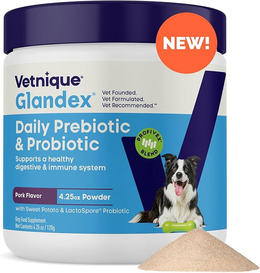 Vetnique Glandex Daily Probiotics for Dogs with Prebiotics to Support Gut Health with Fiber and Digestive Enzymes, Probiotic Chews or Powders (4.25oz Powder, Pork Powder)