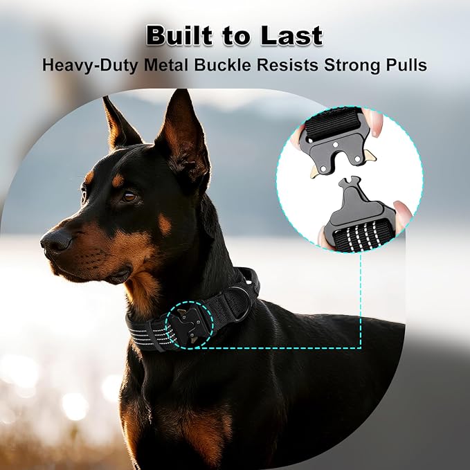 Plutus Pet Tactical Dog Collar with Tracker Packet for AirTag, Adjustable Reflective Nylon Collar, Metal Buckle, Leather-Wrapped Handle, Soft Padded for Medium Large Dogs (Black, M)