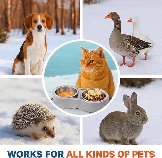 Pet Heated Bowl for Cat Dog, Freeze-Proof Warming Animal Food Feeder with Anti-Chew Cord,Waterproof & Thermostat Heating Bowls Removeable, (2 x 23 fl oz, Grey)