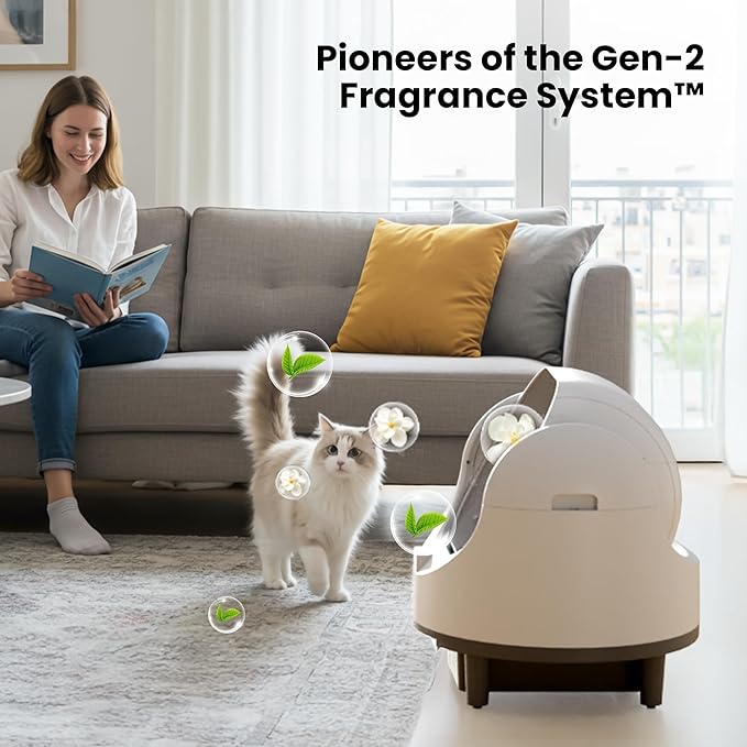 Bashaw Self Cleaning Litter Box, Automatic Cat Litter Box for Multiple Cats, App Control with Safety Sensors, Open Top, Includes Scent Cartridge, Litter Mat & 2 Roll Garbage Bags (White)