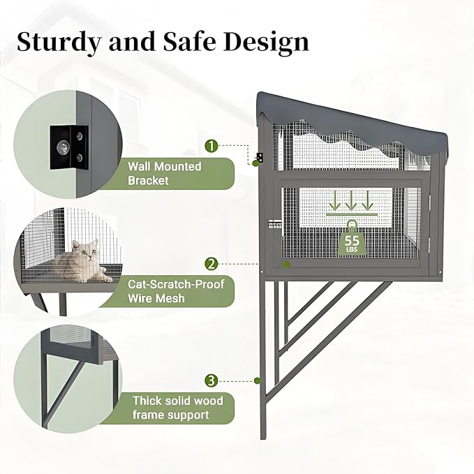 Cat Window Box,Outdoor Enclosure for Indoor Cats,Expandable Cat Window Perch for Indoor CatsCat Wall-Mounted Perch Suitable for Wooden&Cement Wall for Sunbathing,Napping,Overlooking,All Weather Use