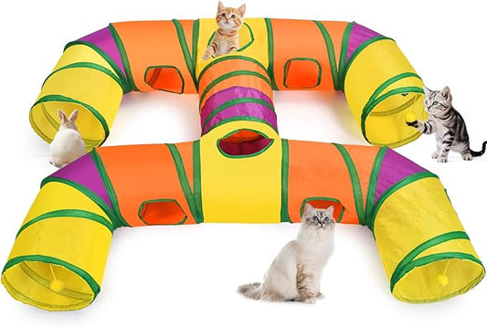 Petizer H-4-Way Collapsible Cat Tunnels for Kittens Indoor Entertainment, Washable Cute Cat Tube Toys with Interactive Playing Balls,Tear-Resistant Pet Tube, Cats, Kitten, Kitty, Puppy, Rabbit