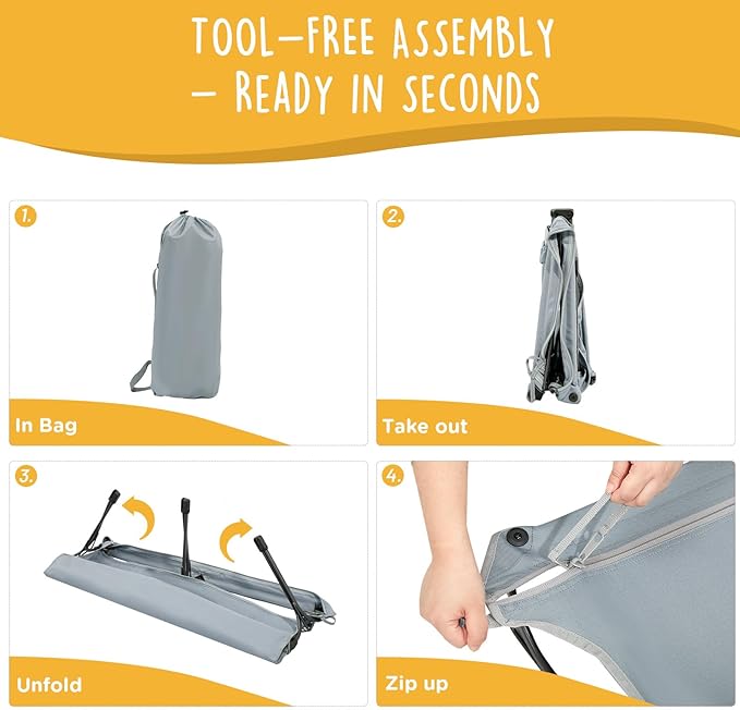 Daisy Cot, XL Foldable Elevated Dog Bed, Portable Raised Outdoor Folding Dog Cots, Cooling, Chew Proof, Waterproof, Heavy Duty Up to 160 lbs for Camping/Home, Grey, 49"x 33"x7"