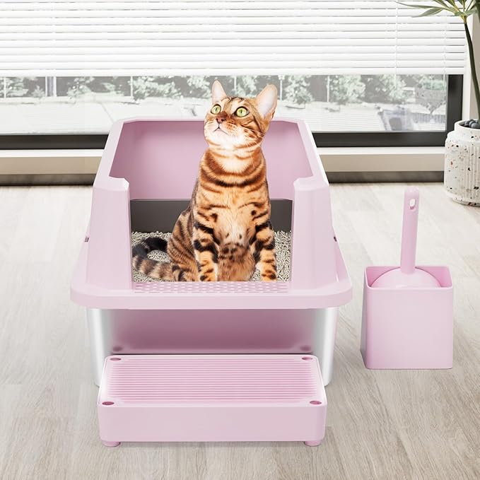 RIZZARI Large Cat Litter Box: Pink Semi-Closed Stainless Steel Litter Box with High Edges - Teflon Non-Stick Coating - Odorless Litter Pan Anti Leakage for Small to Large Cats for Bedroom Living Room