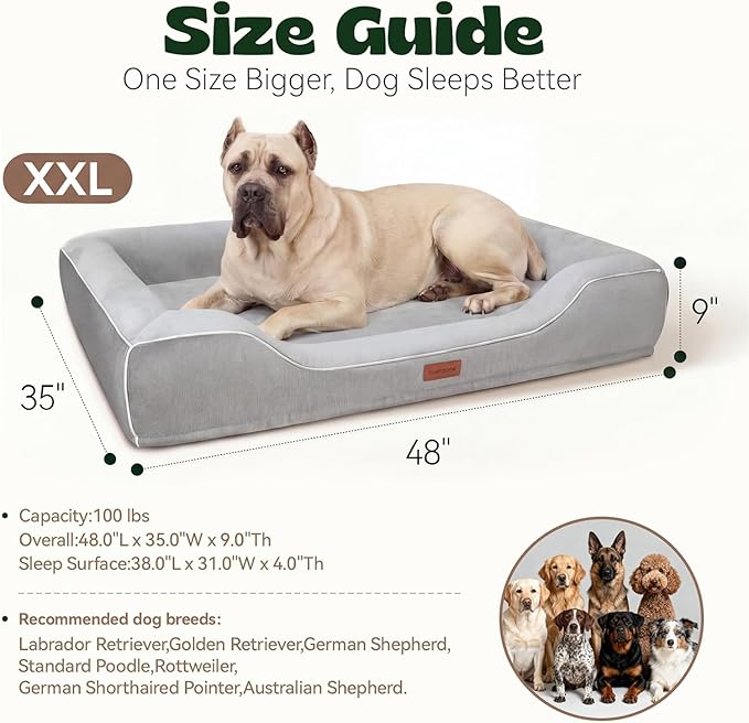 Extra Large Orthopedic Dog Bed with Cooling Gel Memory Foam,Waterproof XXL Dog Couch Bed with Removable Washable Cover,48 inch Pet Sofa with High Resilience Foam Sides for Old Pets,Grey