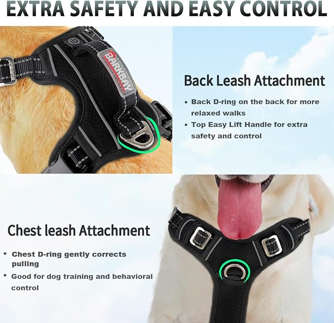 BARKBAY No Pull Dog Harness 3 Buckles Large Reflective Dog Harness with Front Clip and Easy Control Handle for Walking Training Running with ID tag Pocket(Black,M)