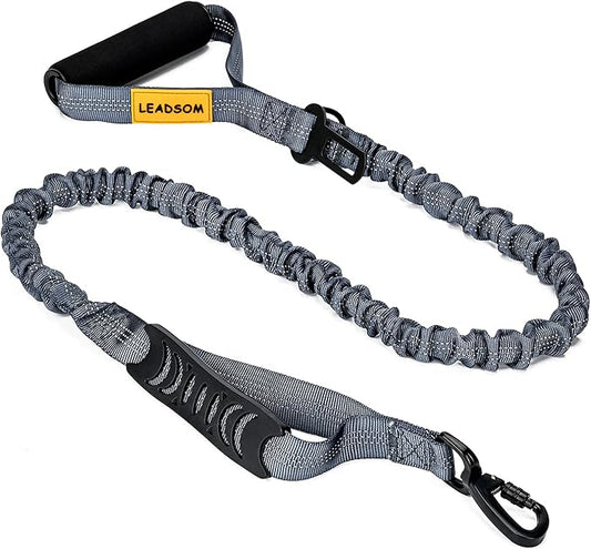 6FT Highly Reflective Heavy Duty Elastic Bungee Medium and Large Dog Leash Shock Absorbing with Comfortable Padded Handle and Traffic Handle Suitable for Training Grey