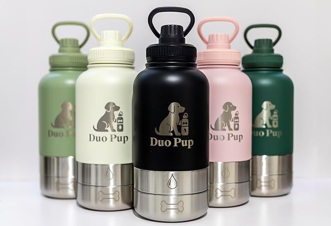 DuoPup 32oz Insulated Stainless Steel Pet Water & Food Bottle – Portable Leak-Resistant Dispenser with Two Detachable Bowls & Carrying Strap – Travel, Hiking & Outdoor Pet Hydration – Black