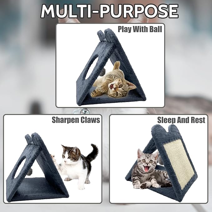 Fhiny Triangle Cat Scratching Post, Natural Sisal Cat Standing Scratch Board with Hanging Plush Ball Toy Pet Cave Nest Indoor Cats Pads Activity Center for Keeping Away from Furniture
