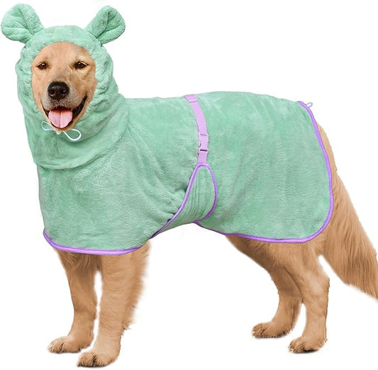 Dog Bathrobe Super Absorbent Towel Robe - Microfiber Bath Towels Fast Drying Coat for Dogs, Cute Dogs Clothes Adjustable Collar & Belly Strap Warm Keeping Hooded Dog Towel (Light Green, X-Large)