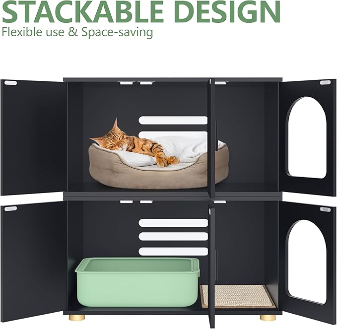 Cat Litter Box Enclosure Furniture, Modern Stackable Litter Box Cabinet with Cat Scratch Mat, Side Table (Black)