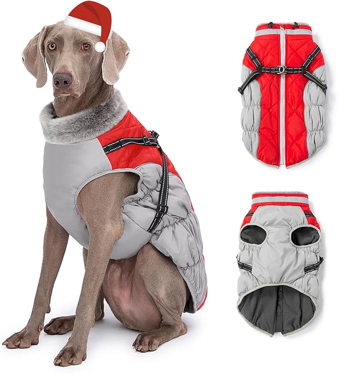 Dog Winter Coat with Harness, Dog Jacket, Pet Clothes with Zipper on Back, Waterproof Windproof Warm Vest, Reflective Cold Weather Coats, for Small Medium Large Dogs, Thick, Red, XL