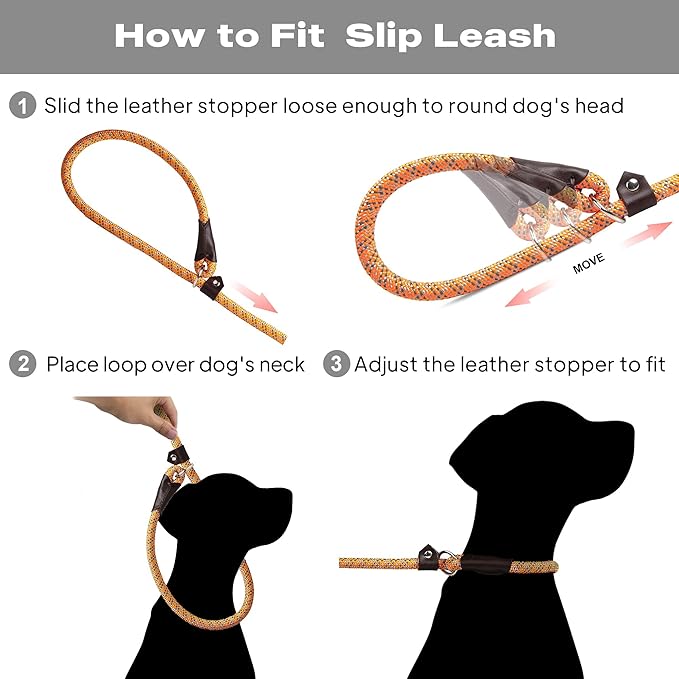 TwoEar Dog Slip Rope Leash - 6FT Heavy Duty Training Leash with Reflective Threads for Small to Large Dogs (Slim 3/8''x6ft, Orange)