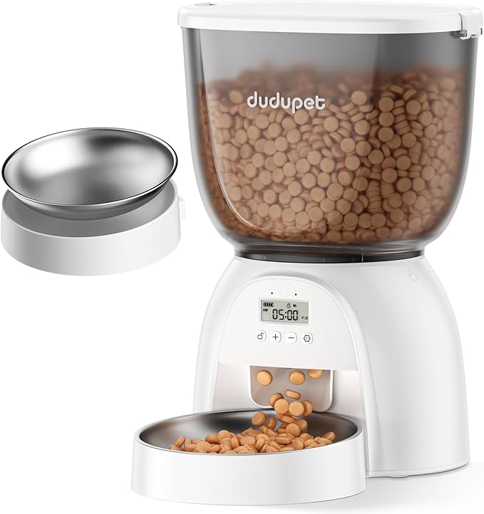 5L/21 Cup Automatic Cat Feeder, Timed Cat Food Dispenser, Automatic Pet Feeders Up to 6 Meals 1-20 Portion, Dual Power Supply Cats Feeder with Stainless Steel, Pet Dry Food Dispenser for Cats & Puppy