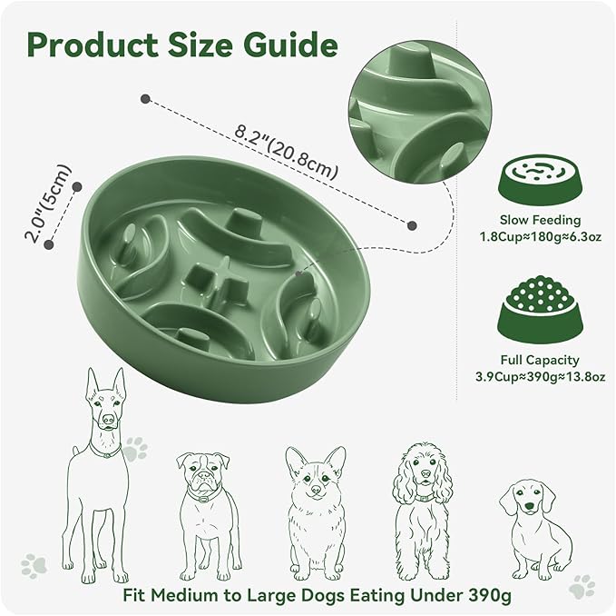 Ceramic Slow Feeder Dog Bowl - Maze Dog Bowl to Slow Down Eating - Fun Feeder for Fast Eaters - Ideal Food Control Dish for Medium to Large Breeds - 8.2 Inch - 1.8 Cups (180g) - Green