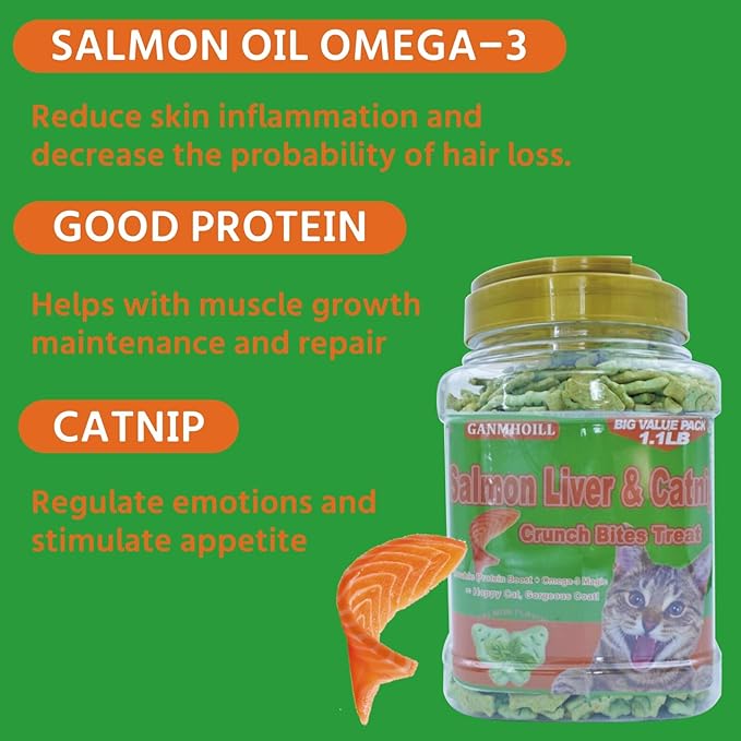 1.1 lb/500g Cat Grass Treats for Indoor Cats - 17.6 oz Natural Salmon & Catnip Flavor, Healthy Snacks for All Life Stages, Crunchy Training Biscuits with Dental Care & Hairball Control