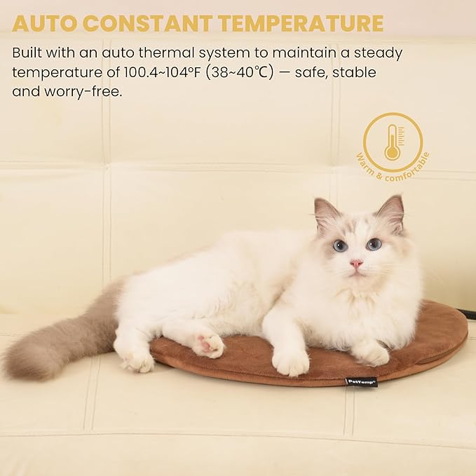 Heated Pet Pad for Dogs and Cats, Waterproof Heating Mat with Chew-Resistant Cord, Constant Warmth for Indoor & Covered Outdoor Use, Multiple Sizes and Colors (Brown, R: 16" × 16" × 1.3")
