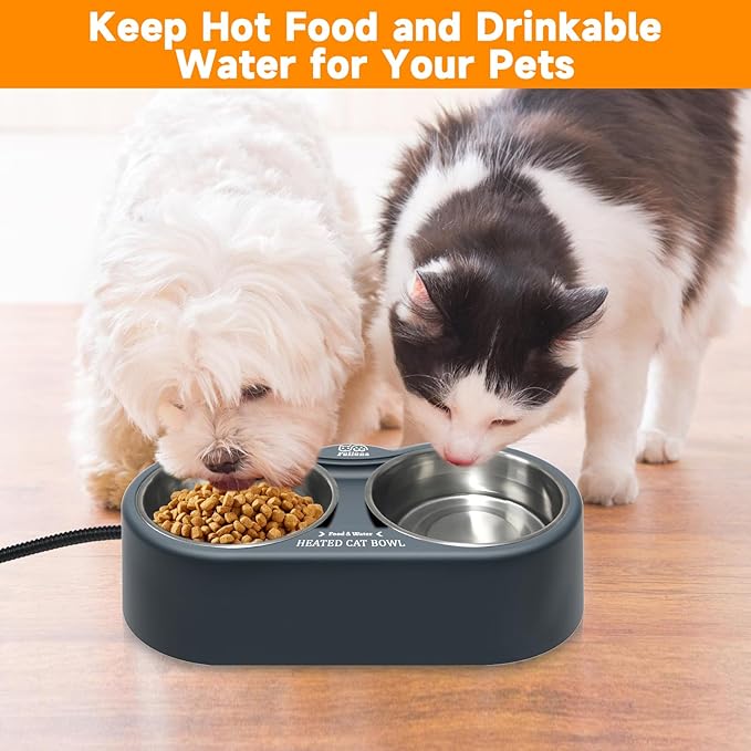 Heated Cat Bowl, Outdoor Heated Pet Bowls with Double Stainless Steel Bowl 24 OZ, Water Food Bowls for Cat Pet, Provide Drinkable Water and Hot Food in Winter
