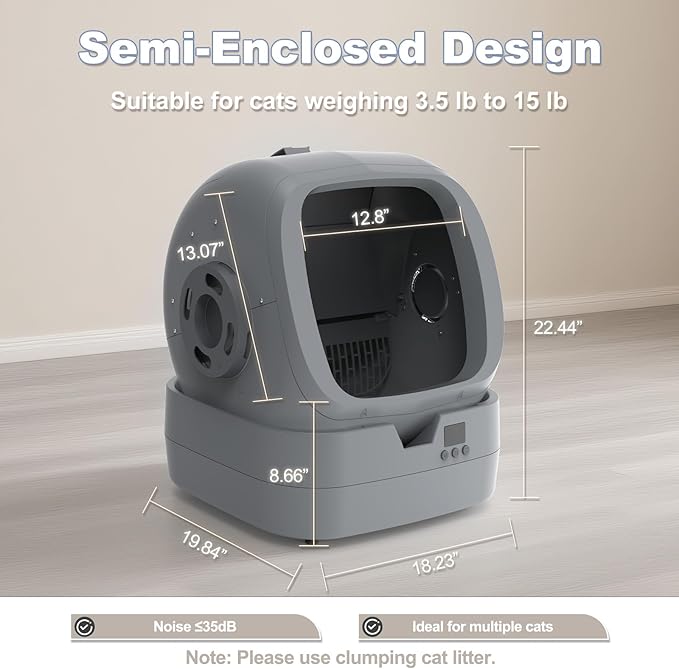 Automatic Cat Litter Box Self Cleaning - APP Control - Weight Monitoring - Ultra-Quiet, Medium Cats and Kittens Litter Box, Safe Anti-Pinch【Assembly Required】- Grey
