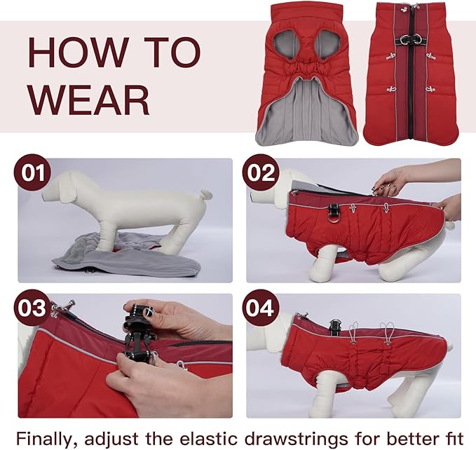 Dog Winter Jacket - 3X Large, Warm Zip Up Snowsuit Dog Harness Vest, Reflective, Water-Resistant, Red