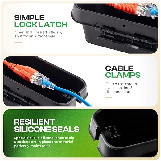 Sockitbox Original Outdoor Electric Box Waterproof - Small Outdoor Extention Cord Cover with 6 Cable Entry Waterproof Enclosure for Power Strips, Plugs, Timers, Lights - Black