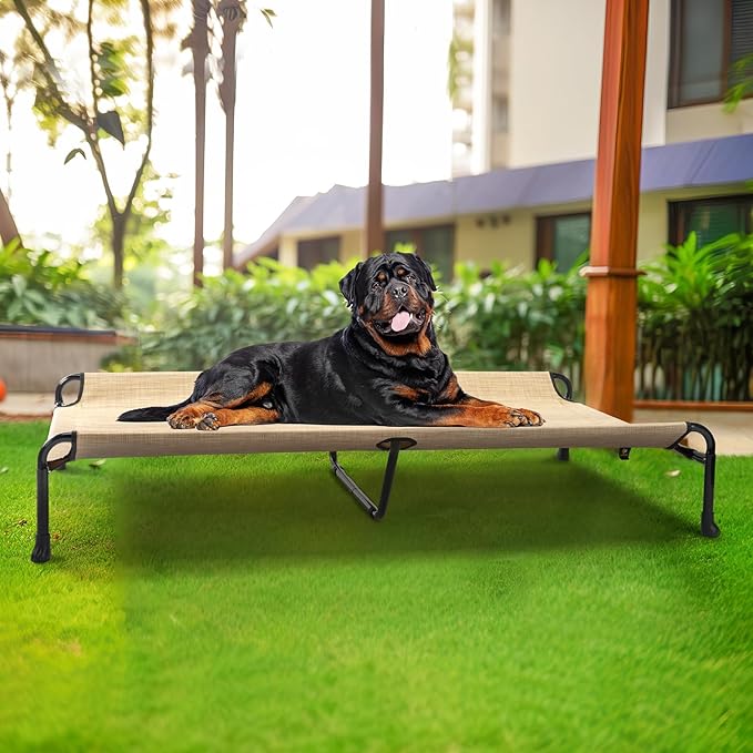 Veehoo Elevated Dog Bed, Raised Dog Cots for Large Dogs, Waterproof Outdoor Dogs Bed, Cooling Pet Hammock with Guardrail, Upgraded Non-Slip Feet, Breathable Teslin Mesh, Beige, 47 x 29 inches
