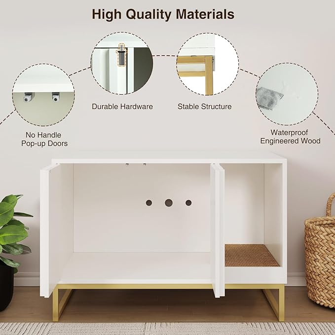 Litter Box Enclosure, Modern Cat Litter Box Furniture Hidden Litter Box with Scratch Pad, Cat Washroom House End Table, Entryway Bench for Livingroom (White)