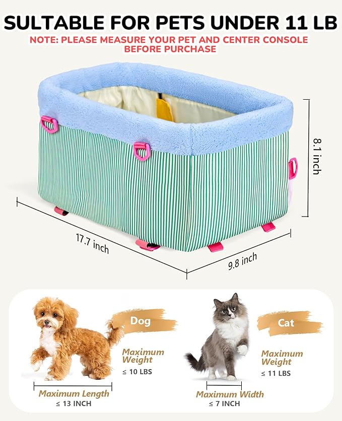 BurgeonNest Center Console Dog Car Seat, Puppy Carseat for Small Dogs, Cat Car Seat with Metal Frame and Double Protection Seat Belts, Pet Booster Seat with Washable Cushion and Clip-on Leash