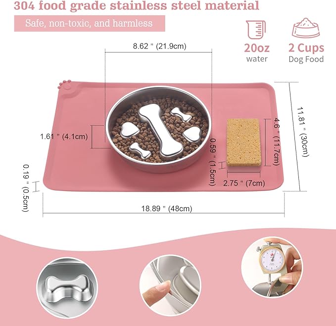 Stainless Steel Slow Feeder Dog Bowls – Non-Slip Metal Dog Bowl for Large & Medium Breeds, Puppy Puzzle Feeder – 2 Cup Capacity for Small to Big Pets – Durable Slow Feed Dog & Cat Food Dish with Mat