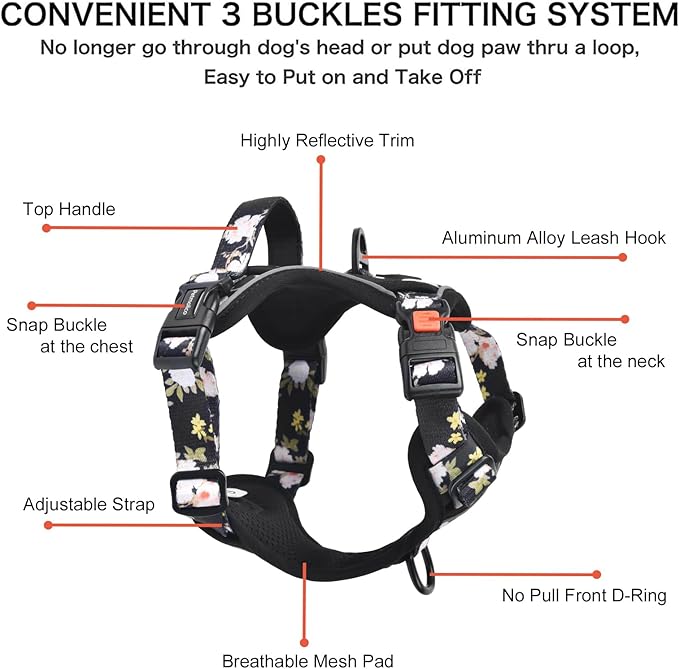 Petmolico No Pull Dog Harness Set, 4 Leash Attchment Easy Control Handle Reflective Vest Dog Harness for Small Breed,Harness and Leash Set with Poop Bag Holder, Small Yellow Peach Blossom