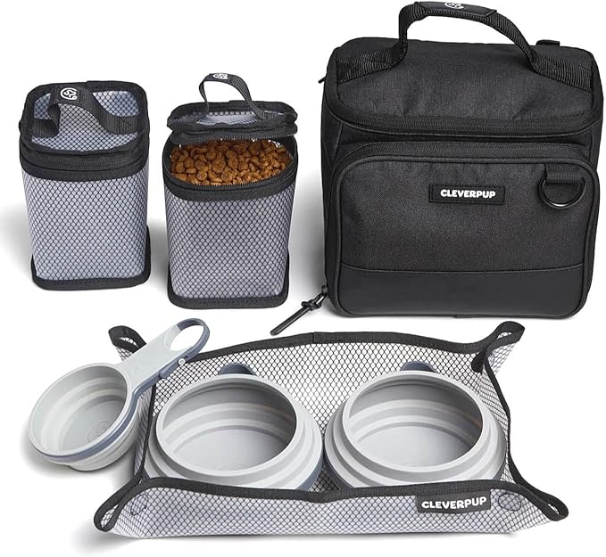 Small 7-Piece Bistro Box Dog Food Travel Kit, 6-Cup Kibble Storage, 2 Silicone Bowls, Mat & Scoop - Premium Portable Pet Food Kit for Weekends, Overnights, Daycare & Camping, Graphite